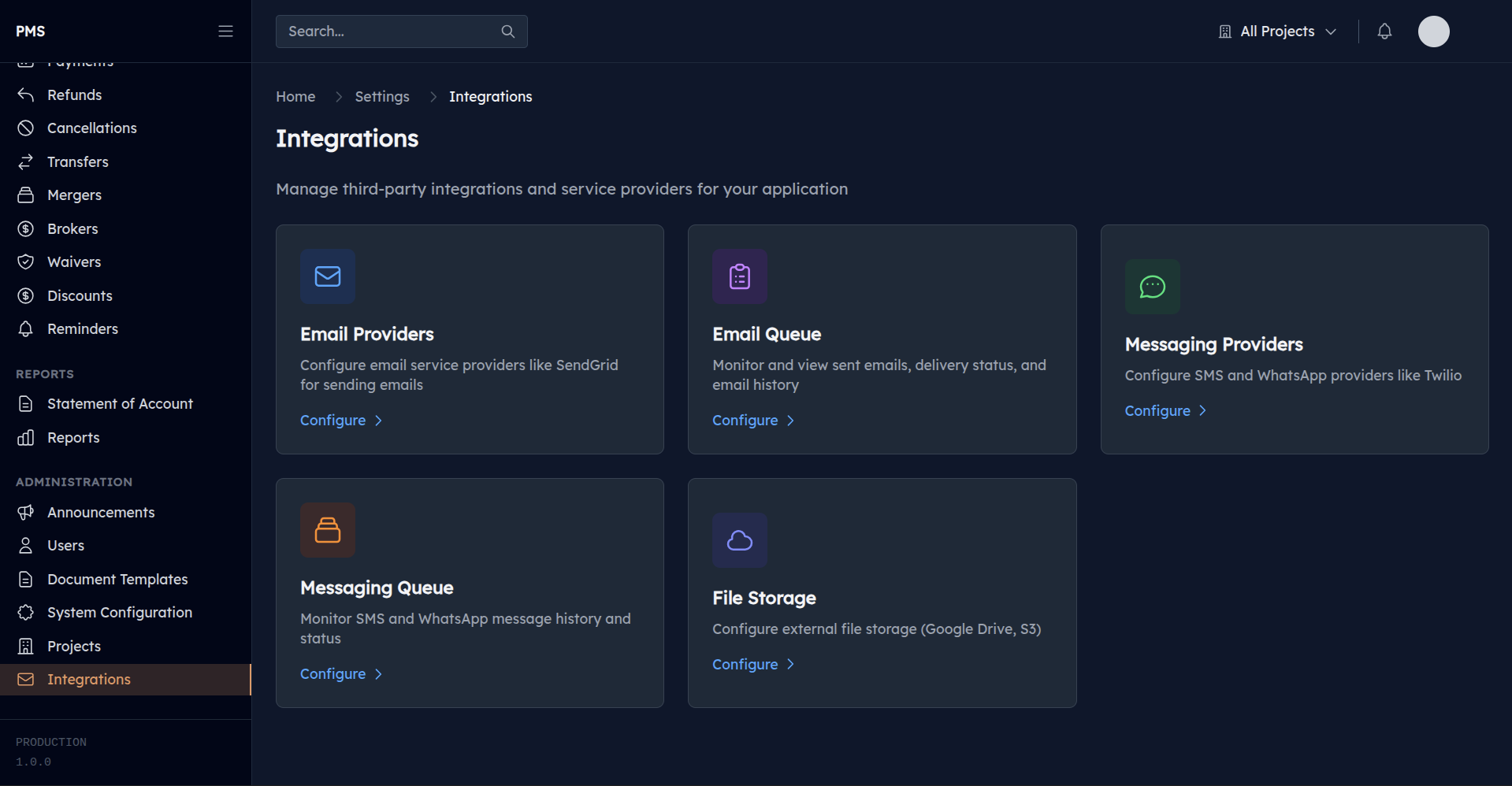 Integration settings for storage providers and external services