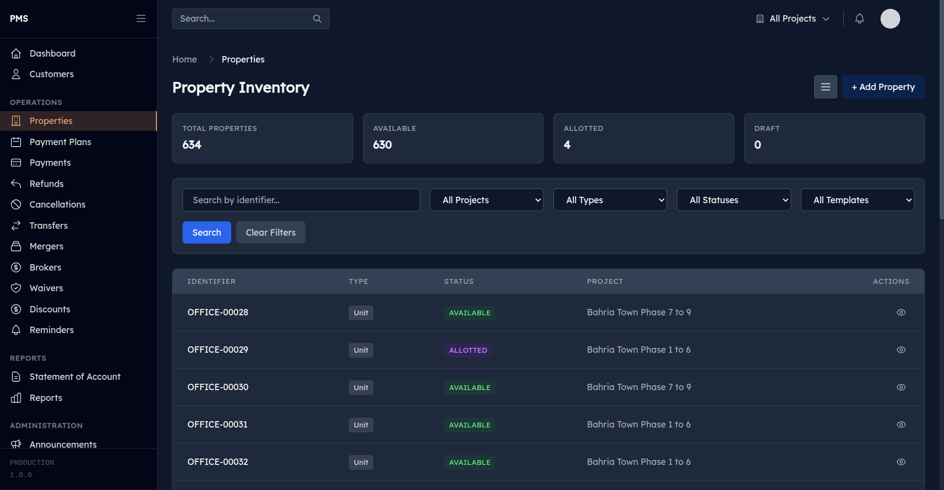 Property inventory showing units and occupancy status