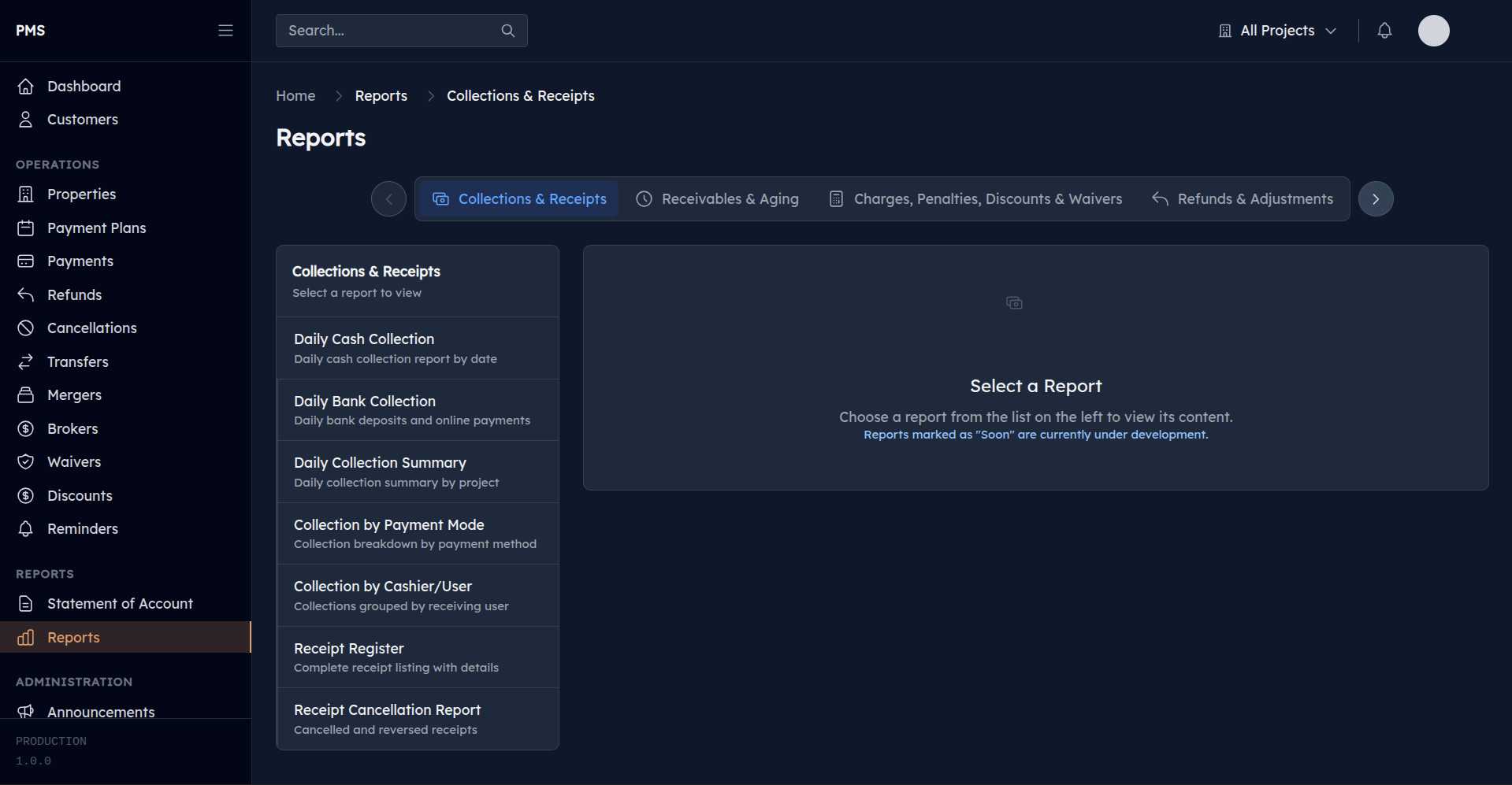 Financial reports and payment collection overview