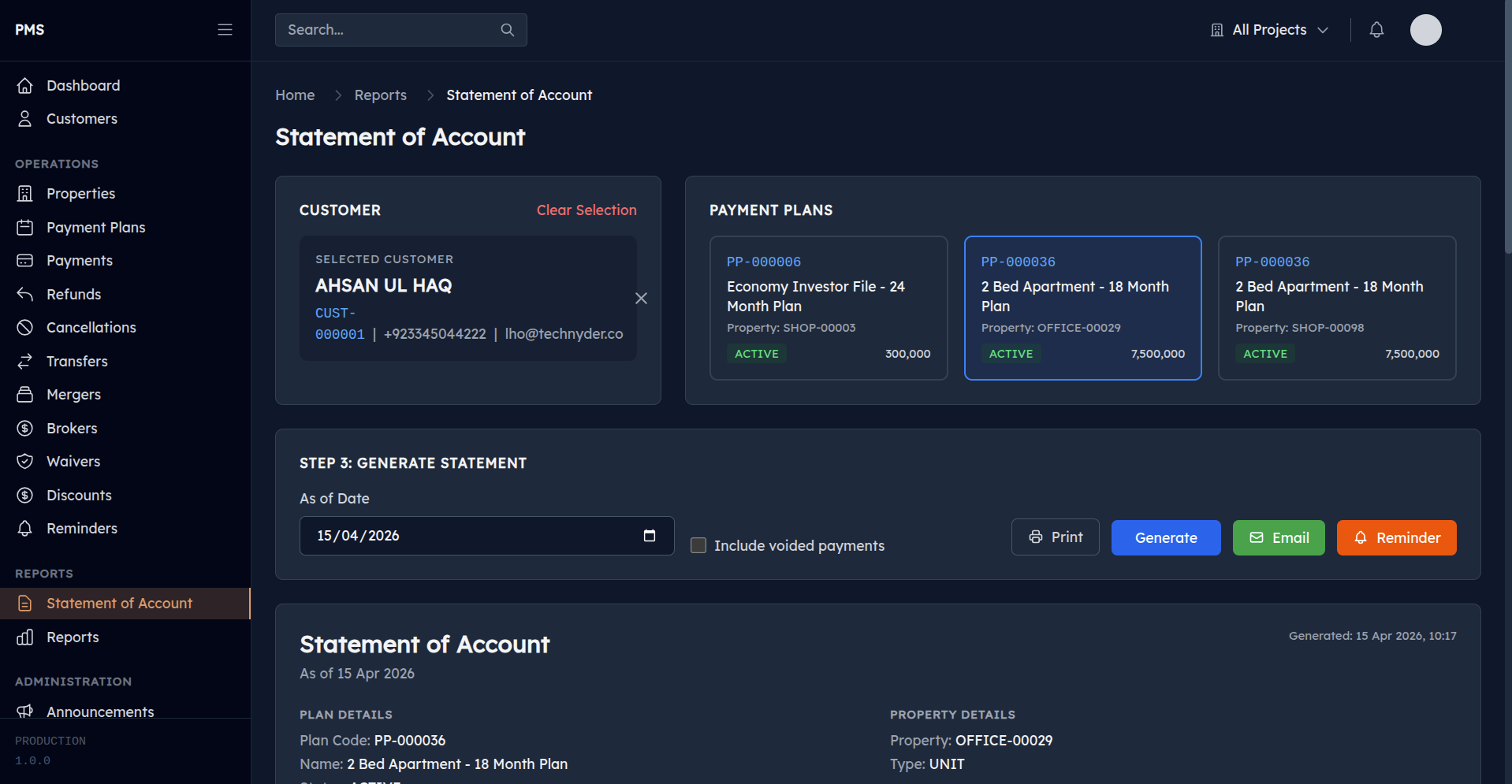 Customer statement of account with payment history
